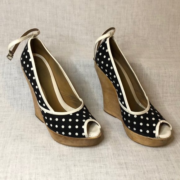 BEBE BLACK & WHITE POLKA DOT WOODEN HEEL PLATFORM - Picture 4 of 9